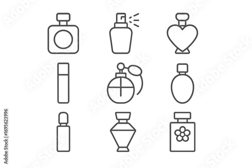Perfume simple line icons collection. Fragrance bottle, cosmetic spray minimal vector set. Beauty scent outline symbol. Glamour aroma product. Editable stroke for web and app.