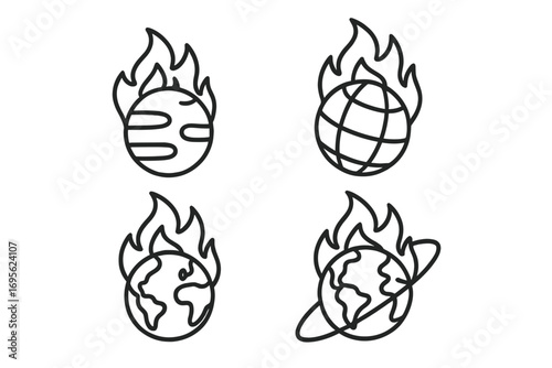 Planet on fire line icon pack. Global warming, climate change crisis concept. Earth burning outline symbol set. World disaster, apocalypse catastrophe vector illustration. Eco problem.