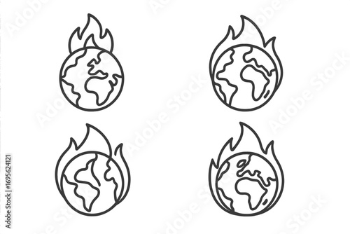 Planet on fire thin line icon set. Global warming, climate change concept. Earth disaster, environmental crisis, ecology problem. Outline vector illustration for web, apps.