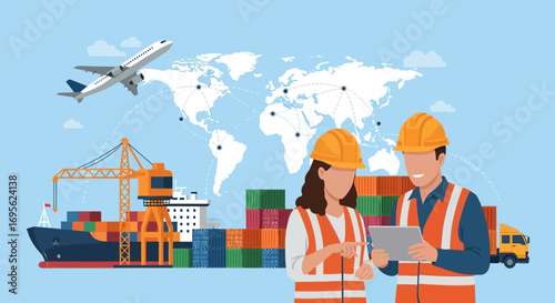 Global logistics and transportation management professionals working together.