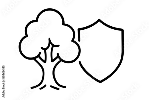 Tree and shield icon. Nature protection, environmental safety, and ecology concept. Forest conservation, secure, and guard symbol. Vector line art illustration for web design.