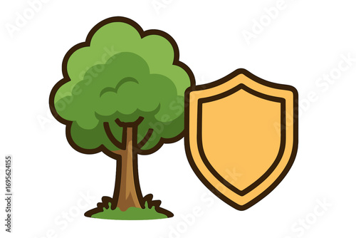 Nature protection concept with tree and shield. Environmental conservation and ecology symbol. Security for the forest and planet. Vector illustration for green initiatives.