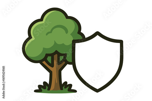 Nature protection concept with tree and shield. Environmental conservation, ecology, and safety symbol. Green eco friendly vector icon for security, insurance or safeguard.