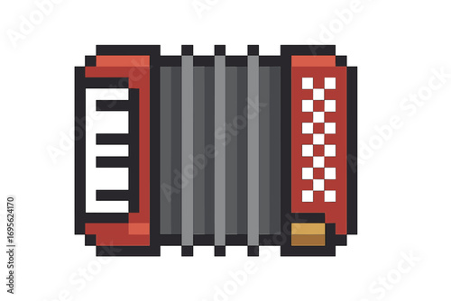Accordion pixel art icon. 8-bit retro musical instrument for video game asset. Folk music symbol. Traditional melody and sound vector illustration for entertainment design.