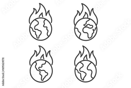 Global warming concept icon set. Planet earth on fire line art. Climate change, environmental disaster, and catastrophe symbol. World burn warning sign for web, graphic design.