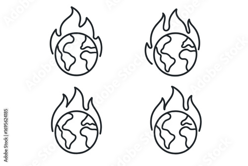 Global warming concept icon set. Planet Earth on fire. Climate change disaster symbol. Environmental crisis, ecology problem, world catastrophe warning vector line illustration.