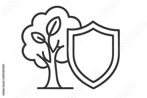 Tree and shield icon for environmental protection and nature conservation. Vector line art symbol for ecology, safety, and security. Graphic design element for web and apps.