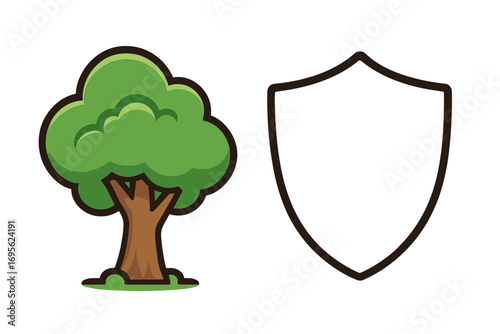 Tree and shield outline icon for nature protection. Metaphor for environmental conservation, eco security, safety, and sustainability. Ecology and growth vector logo concept.
