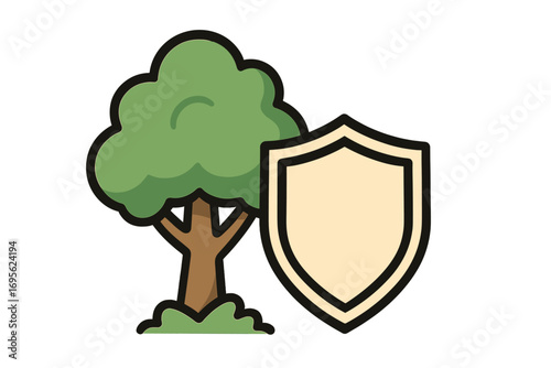 Environmental protection concept with tree and shield. Metaphor for nature conservation, ecology safety and security. Green eco symbol. Forest guard icon. Vector illustration.