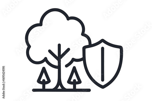 Environmental protection icon with tree and shield. Nature conservation symbol. Ecology safety, security concept. Save the planet. Eco friendly. Sustainability and forest guard.