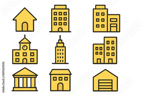 Building icon set for real estate. City architecture symbols. House, office, bank, school, skyscraper pictogram. Web and graphic design element. Vector illustration.