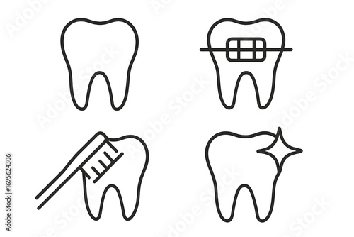 Dentistry line icon set. Tooth care, braces, cleaning, whitening concept. Oral hygiene and stomatology linear pictogram. Minimalistic vector symbols for web and apps.
