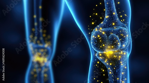 Close-up of 3D rendered knees, highlighting articular cartilage and bone structure