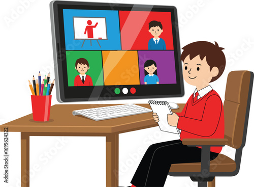 Cad drawing flat vector illustration of a student attending online class, taking notes, virtual learning from home, education technology concept.