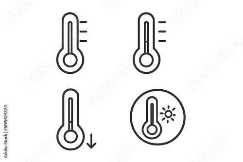 Set of thermometer line icons. Vector symbols for temperature, weather, heat, cold. Pictograms showing high, low temp, fever. Climate forecast meteo tool signs collection.