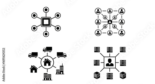 Network diagrams representing various interconnected systems and concepts.