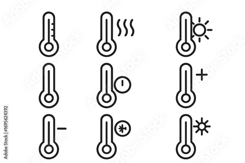 Thermometer icon set for weather and temperature. Linear pictograms showing hot, cold, sun, and snowflake symbols. Vector illustration for web, app, and graphic design.