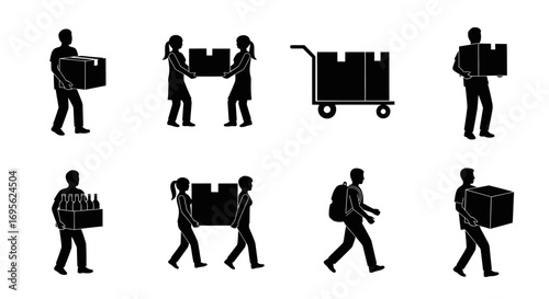People carrying boxes and packages for delivery and moving services.