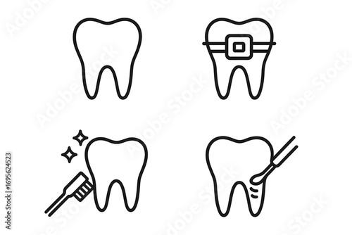 Dental care line icon set. Tooth, braces, cleaning, and scaling symbols. Pictogram collection for dentistry, orthodontics, oral hygiene, web design, and mobile apps. Vector.