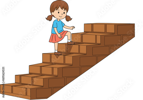 Child climbing staircase illustration, young girl ascending steps, growth and achievement concept, educational progress metaphor, perseverance and success, cad drawing flat vector illustration