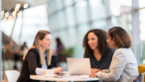 Women engaging in discussion at a business conference — collaborating in a modern meeting space
