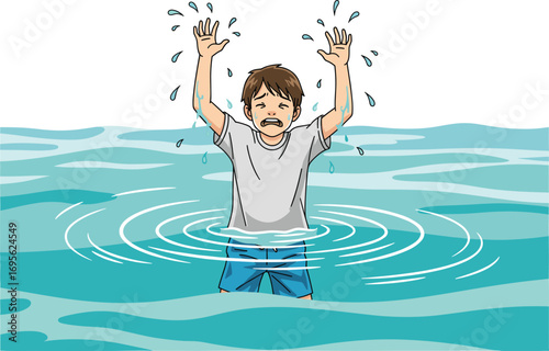 Person in water raising arms, drowning danger illustration, water safety awareness, emergency rescue concept, distressed swimmer, cad drawing flat vector illustration