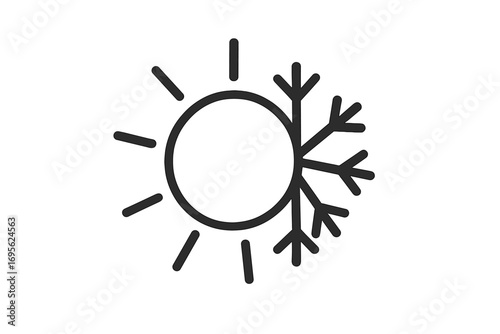 Hot cold icon with sun and snowflake. Weather temperature symbol for air conditioning or heating. Summer, winter season concept. Climate control, heat and frost vector line art.