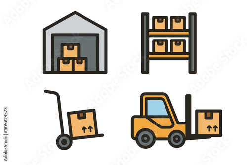 Warehouse logistics icon set. Storage, delivery, and distribution symbols. Forklift with cargo box, shelves with packages, and hand truck. Vector filled outline pictograms.