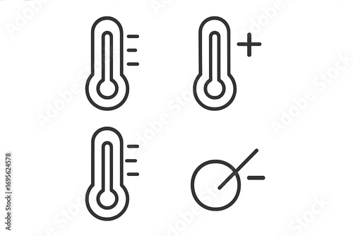 Thermometer temperature line icon set. Minimal pictogram collection for web design. Weather forecast symbols for hot and cold. Climate control signs plus and minus. Vector.