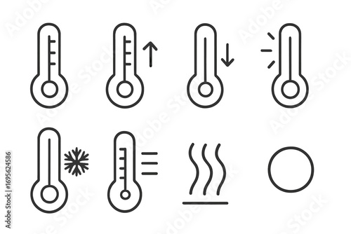 Thermometer and temperature line icon collection. Weather forecast pictogram set. Hot, cold, rising, falling temp. Freeze, heat, climate measurement and degree vector symbols.