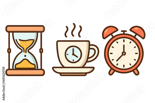 Time icon set with hourglass, coffee break cup, and alarm clock. Vector cartoon illustration for concepts like deadline, morning, schedule, time management, and history.