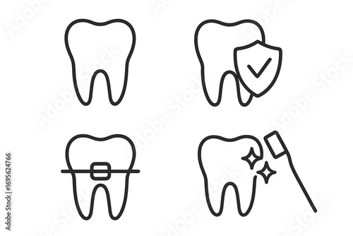 Dental care line icon set. Tooth, braces, cleaning, protection. Dentistry, oral hygiene, orthodontist concepts. Minimal linear pictograms for web, graphic design. Vector.