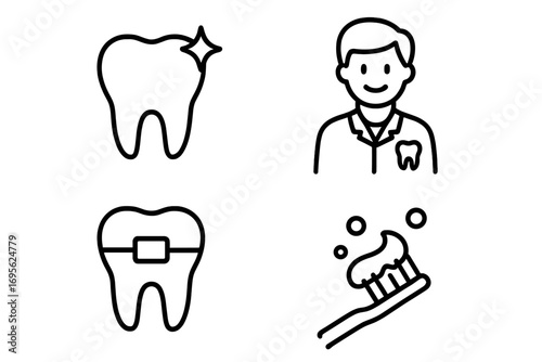 Dentistry line icon set. Dental care, oral hygiene, orthodontics concepts. Tooth, braces, dentist, toothbrush, toothpaste pictograms for web, apps, and graphic design.
