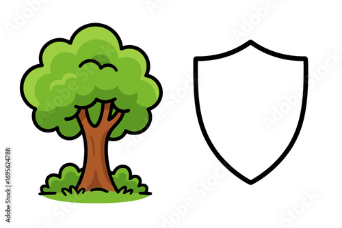 Tree and shield icon for environmental protection concept. Nature conservation and eco safety symbol. Vector graphic for green security, web design, apps, and branding.