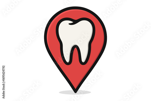 Dental clinic location icon. Tooth in map pin pointer symbol for dentist search & find. Vector for dental care, navigation app, health service & stomatology concept.
