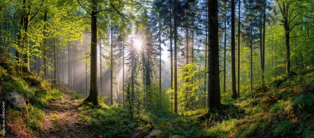 Obraz premium Peaceful green forest with sunbeams filtering through tall pine trees in early morning light