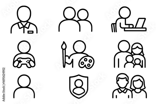 User related simple line icon set. Contains icons of staff, people, work from home, hobbies like gaming and art, family, user security, and avatars. Vector for graphic design.