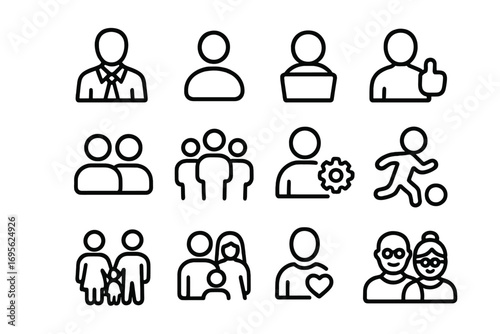 People and user icon set. Simple line icons for family, work, team, hobbies. Vector symbols for staff, community, love, seniors. Graphic elements for web and print.