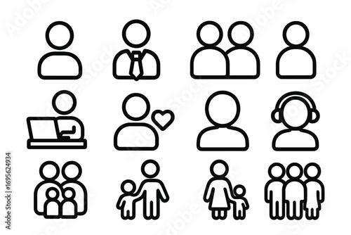 People icon set. User, family, staff, and team line icons. Simple avatar and profile symbols for UI UX. Business, work, group, and love vector illustration collection.