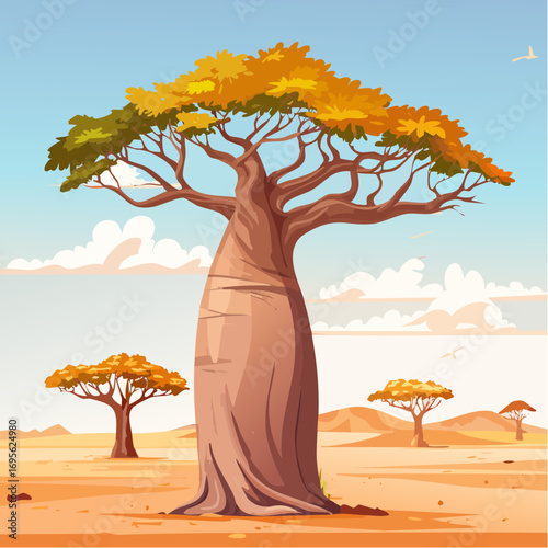 Cartoon Baobab Tree with Lavender Flowers in a Desert Landscape