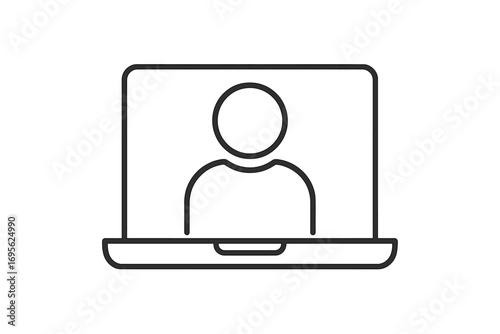User profile on laptop icon for web and graphic design. Concept for video call, online meeting, webinar, remote work, e-learning, account login, avatar. Thin outline vector.