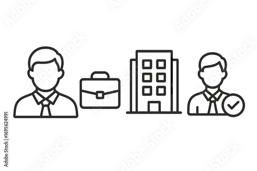 Business vector icon set with simple linear illustrations. Contains icons of work, job, company, staff, employee, briefcase, office building, and approved candidate for hiring.