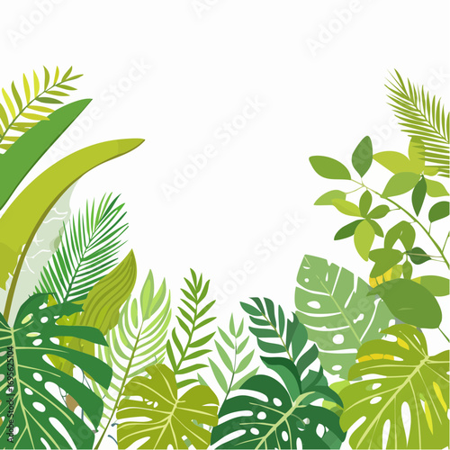 Lush Green Tropical Foliage Border with Monstera and Palm Leaves Illustration