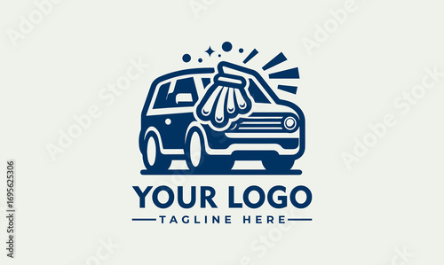 Car wash logo design featuring a stylized car being cleaned with a washing mitt, set against a clean, minimalist background.