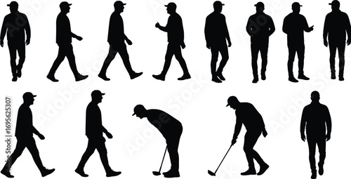 Man silhouettes, walking male figures, golf player poses, casual lifestyle, sports activity, urban style, standing gestures, movement illustration, outdoor exercise, vector design