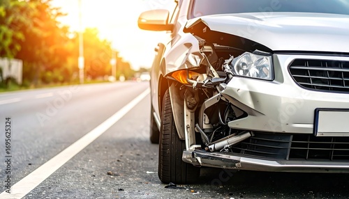 A silver vehicle is severely damaged after a road accident. The front end is crumpled, debris scattered. Sunlight highlights the scene, suggesting a daytime incident. The car sits on the roadside