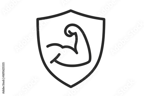 Shield with bicep muscle icon. Symbol of strength, power, protection, and defense. Vector logo concept for security, fitness, bodybuilding, and a strong immune system guard.
