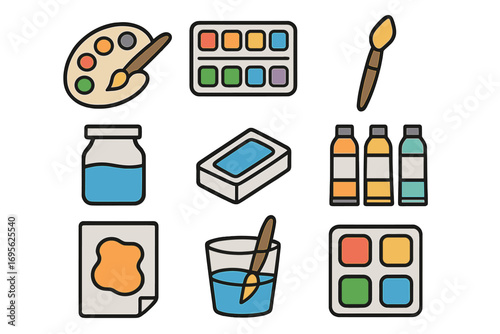 Watercolor paint icon set for graphic design and web. Art supplies pictogram collection with palette, brush, paints. Vector illustration for creative hobby and drawing.