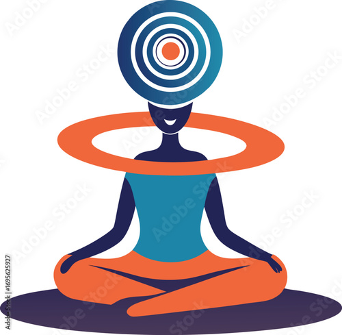 Vector art of a stylized illustration of a person meditating in a lotus position with a circular halo and targetlike head.