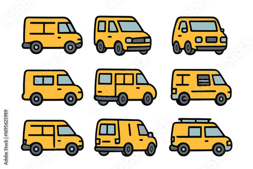 Yellow van icon set for delivery and logistics. Commercial vehicle, minivan, and bus cartoon pictogram collection. Vector transport symbols for web, apps, and graphic design.